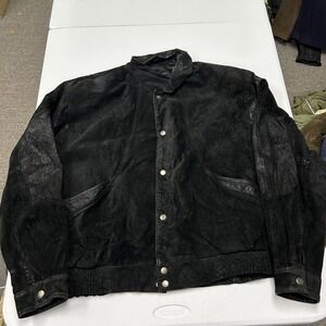 Byrnes & Baker Suede Bomber Jacket Men L Black Snakeskin Leather Trim Snap Front